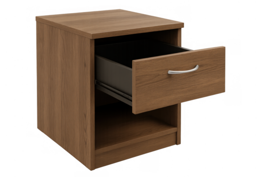 Wooden nightstand with an open storage drawer, featuring a bottom shelf and a silver handle, transparent background
