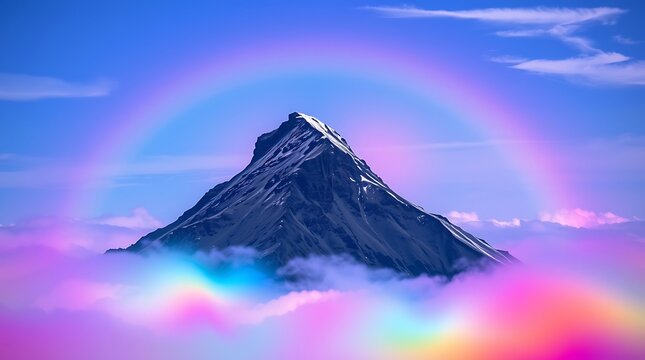 Mountain peak with vibrant rainbow and colorful magical clouds
