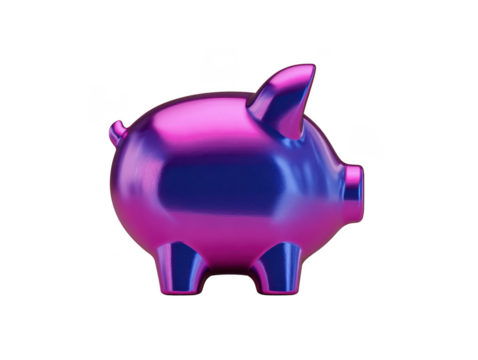 Metallic piggy bank purple blue gradient isolated side view modern design savings finance glossy reflective cheerful minimal style