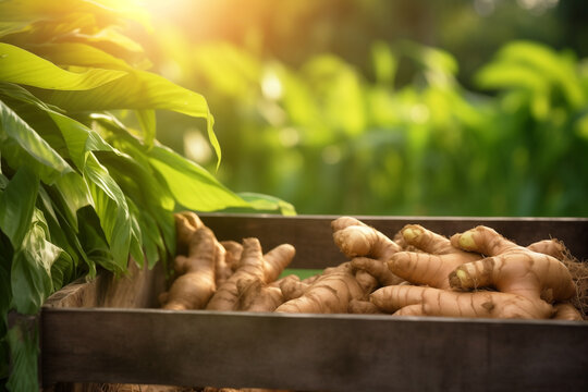 ginger roots fresh in wooden crate on blurred plantation background