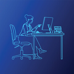 Focused Woman Working at Computer Desk with Books - Modern Line Art Style Vector Illustration for Business Education Technology and Remote Work Concepts