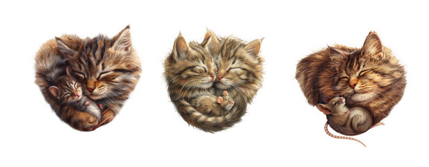 Three sleeping tabby kittens curled up, isolated on transparent background