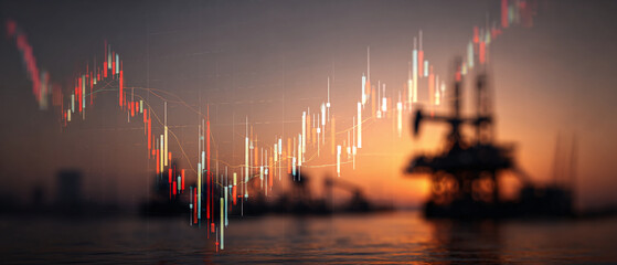 Image of oil price chart and crude oil drilling field background which is a source of indicator of global economy. Ai generate.	

