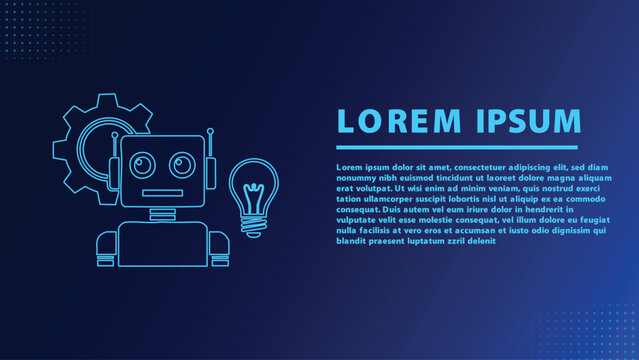 Modern Technology Vector Background Featuring Robot Gear and Light Bulb Icons with Gradient Blue Backdrop and Customizable Text Space for Presentations and Designs