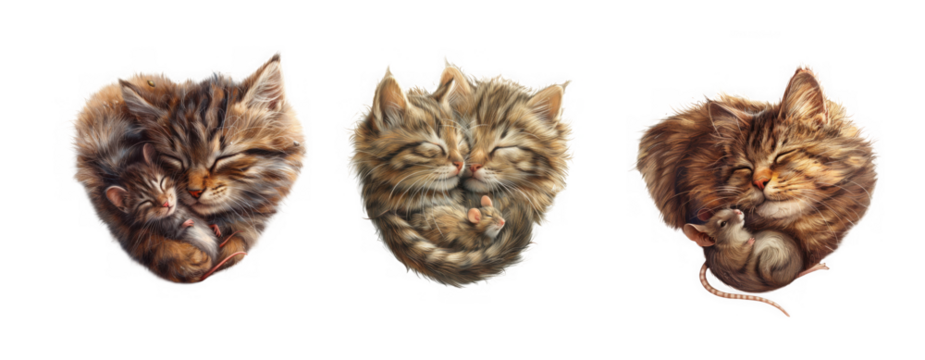 Three sleeping tabby kittens curled up, isolated on transparent background