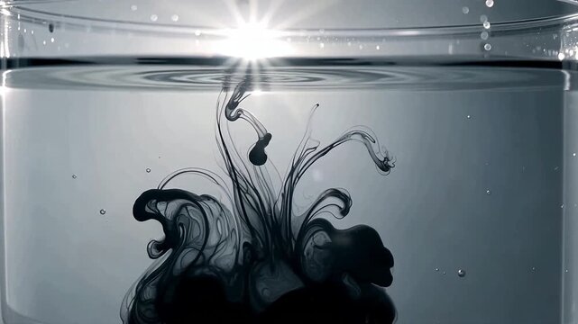Black ink dissolving in clear water with light reflections