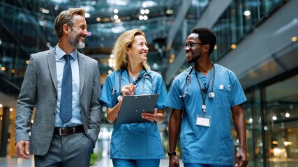 Healthcare professionals discuss patient care in modern hospital corridor during daytime with smiles and teamwork focus