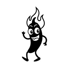Joyful cartoon chili pepper character with flames on head waving hello