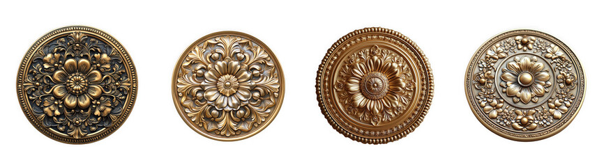 Four ornate antique buttons with intricate floral patterns, isolated on transparent background