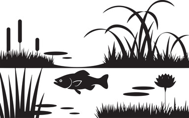 Black silhouette of natural eco background celebrating world wetlands day with diverse flora and fauna elements