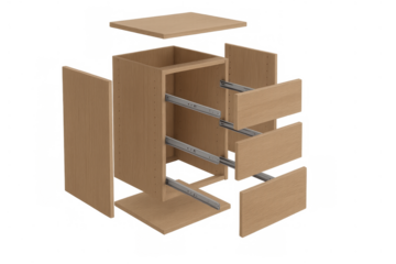 Wood cabinet components with drawers in an exploded view showing assembly and diy furniture construction