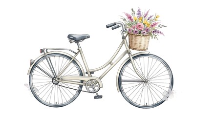 Fototapeta premium Watercolor illustration of a bicycle with a basket full of flowers on a white background image