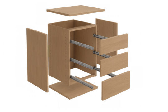 Wood cabinet components with drawers in an exploded view showing assembly and diy furniture construction