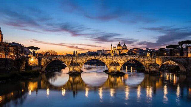 Evening View of the Ponte Sant Angelo Bridge in Rome with Sunset Sky and Reflected Light