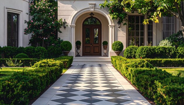 A grand entryway, symmetrical with a checkered pathway. Lush greenery flanks the path, leading to ornate wooden doors. Architectural details abound - Powered by Adobe