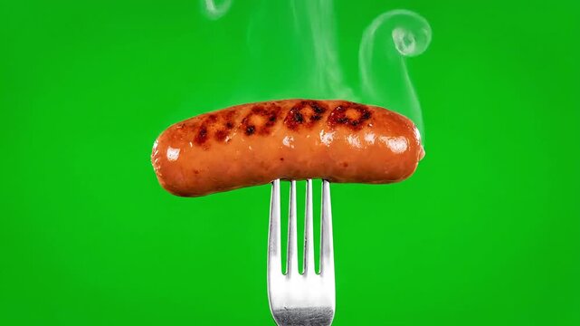 Hot, juicy grilled sausage impaled on a fork, steaming against a vibrant green background
