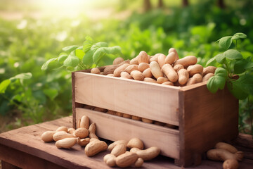 peanuts fresh in wooden crate on blurred plantation background