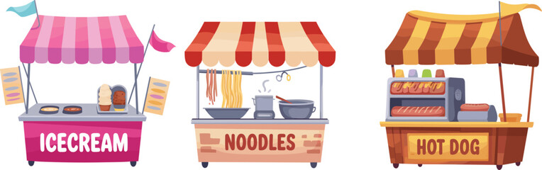 Street food stall illustration, ice cream, noodles, hot dog vendors, striped canopy design, colorful market scene, cooking setup, snack counter icons