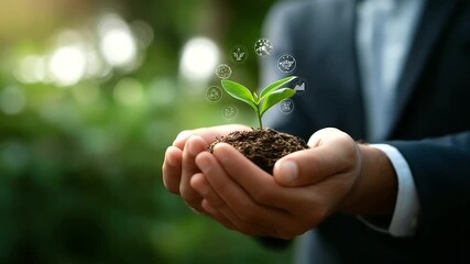 Environment target concept crop below eyes background softly defocused green business strategies with conservation businessman with virtual sustainability icons eco friendly - Powered by Adobe