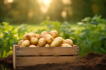 potatoes fresh in wooden crate on blurred plantation background