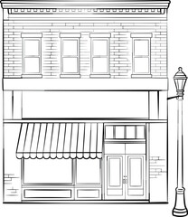 Two-story commercial building illustration, traditional architecture, striped awning storefront, brick facade, urban retail design, office and shop sketch