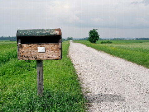 Rural mailbox with single letter inside, weathered wood and metal on gravel road under cloudy sky, quiet countryside scene with green fields