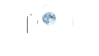 A bright full moon glows in a dark night sky, with abstract forms around it