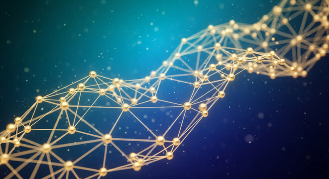 Image of golden sphere linked by lines, creating a geometric mesh on gradient blue background. Representing connection, network, and technology concept