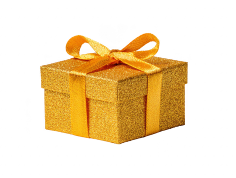 Golden gift box with shiny glitter texture yellow ribbon and bow isolated on transparency background symbolizing celebration surprise and festive occasions evoking joy and excitement - Powered by Adobe