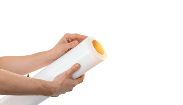 Hands unrolling a white rolled paper item, revealing a yellow core. Isolated