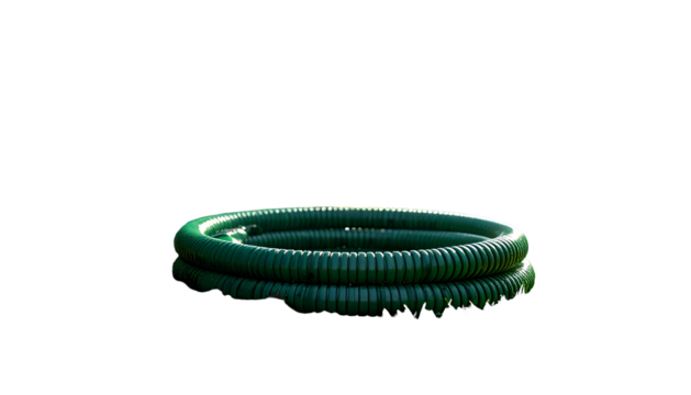 Dark image showcasing a coiled, textured green hose against a black background