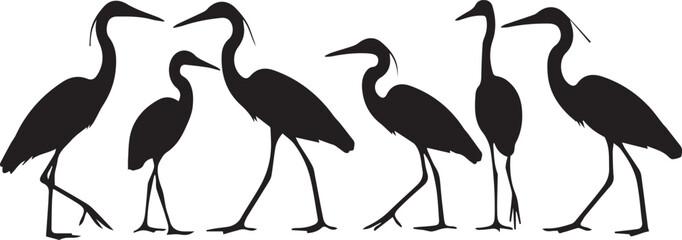 Obraz premium Diverse group of elegant heron silhouettes in natural poses capturing avian grace