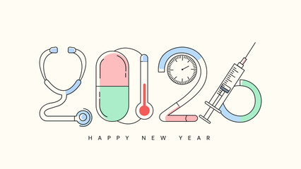 Happy New Year 2026 medical and healthcare banner; a creative and minimalist line art design with 2026 formed by medical icons