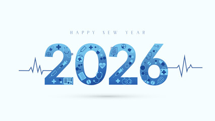 Happy New Year 2026 medical and healthcare banner; a modern design with an EKG heartbeat line and 2026 typography filled with medical icons