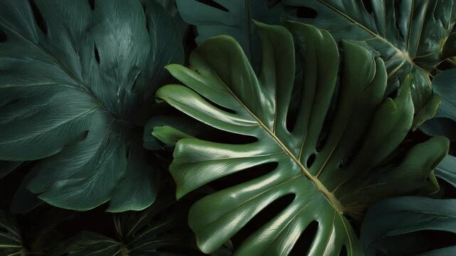 Lush Green Monstera Leaves: A close-up showcases the intricate details of vibrant green monstera leaves, their textured surfaces catching the light. Displaying the beauty of nature.