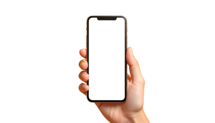 A hand holding a smartphone with a blank white screen against a black background