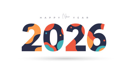 Colorful Happy New Year 2026 banner; a modern and playful typography design with abstract patterns on a clean white background for a 2026 greeting