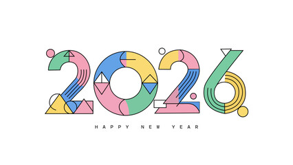 Modern Happy New Year 2026 banner; a creative and playful design with colorful abstract geometric shapes and line art for a 2026 celebration