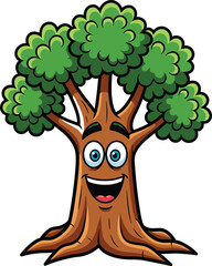 Cartoon tree with smiling face, friendly animated character, anthropomorphic nature illustration, green leaves, educational mascot, children’s book art, environmental theme, playful 