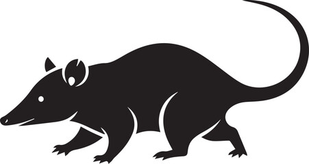 Fototapeta premium Black silhouette of a long-tailed rodent walking leftward side view with white accents