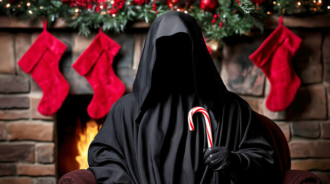 Mysterious hooded figure witch with candy cane by festive fireplace