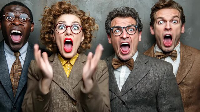 Excited group of friends sharing joyful reactions in a playful portrait session
