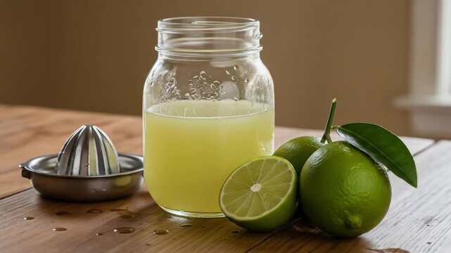 Refreshing homemade lime juice preparation with mason jar and citrus squeezer indoors still life