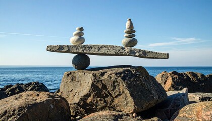Balanced Rock Sculpture on Rocky Shoreline with Ocean Background
