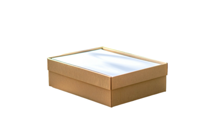 A rectangular cardboard box with a clear plastic lid, isolated on a black background