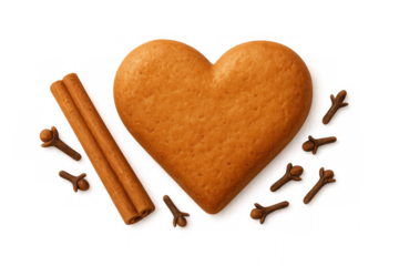Gingerbread heart cookie with cinnamon sticks and cloves on transparent background, symbolizing love and warmth