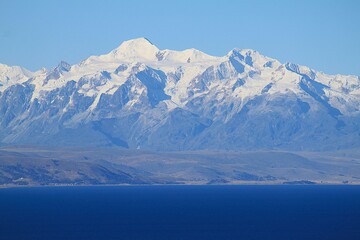 Panoramic view from Isla del Sol (Island of the sun) over seemingly endless Lake Titikaka in...