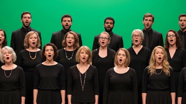 Chorus of Diverse Singers Performing in Front of Green Screen