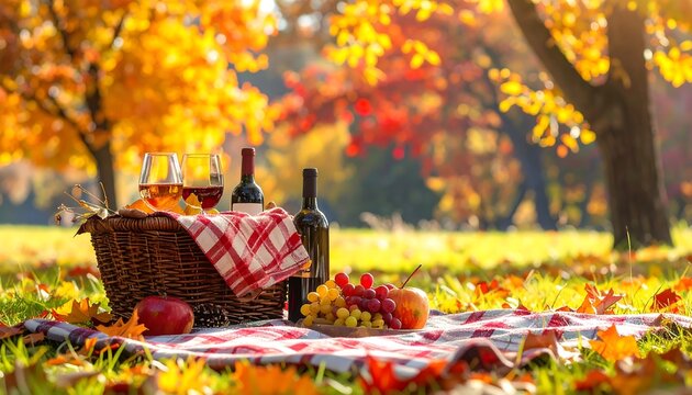 A picturesque fall scene of a picnic basket and wine bottles on a checkered blanket, amidst colorful foliage and a sunny meadow - Powered by Adobe