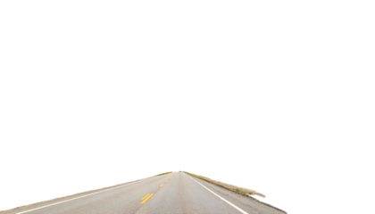 Highway perspective, centered view, asphalt road leading towards the horizon, framed by grass